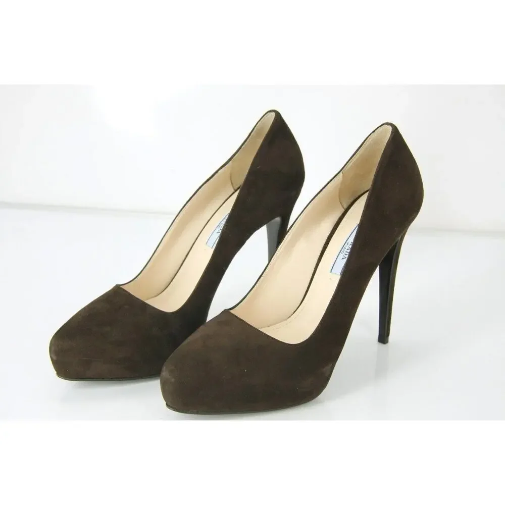 Prada Classic Brown Suede Leather Hidden Platform Heel Pump Pointy Toe NIB